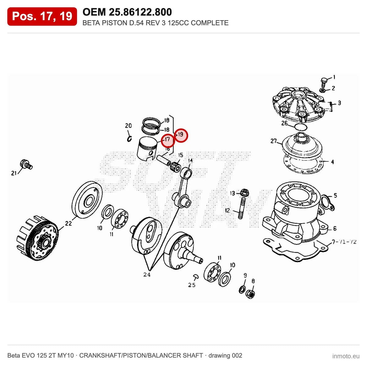 BETA PISTON D.54 REV 3 125CC COMPLETE – OEM 25.86122.800, positions 17,19 on the Beta EVO 125 2T MY10 crankshaft/piston/balancer shaft drawing