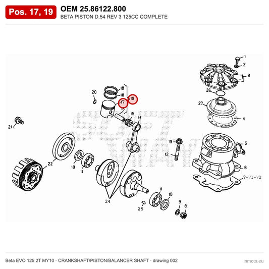 BETA PISTON D.54 REV 3 125CC COMPLETE – OEM 25.86122.800, positions 17,19 on the Beta EVO 125 2T MY10 crankshaft/piston/balancer shaft drawing