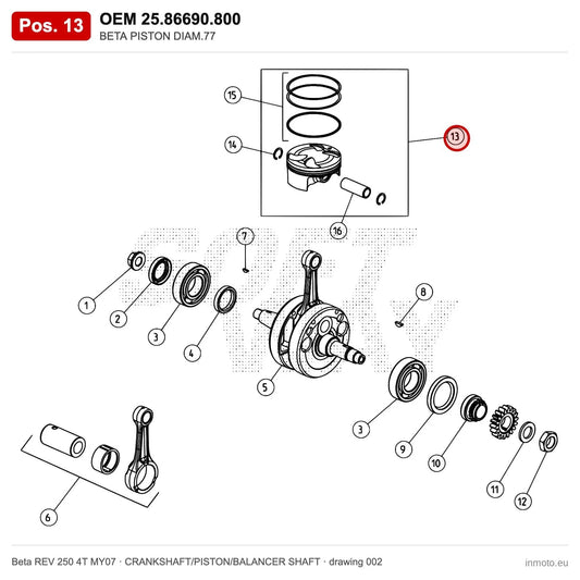 BETA PISTON DIAM.77 – OEM 25.86690.800, position 13 on the Beta REV 250 4T MY07 crankshaft/piston/balancer shaft drawing
