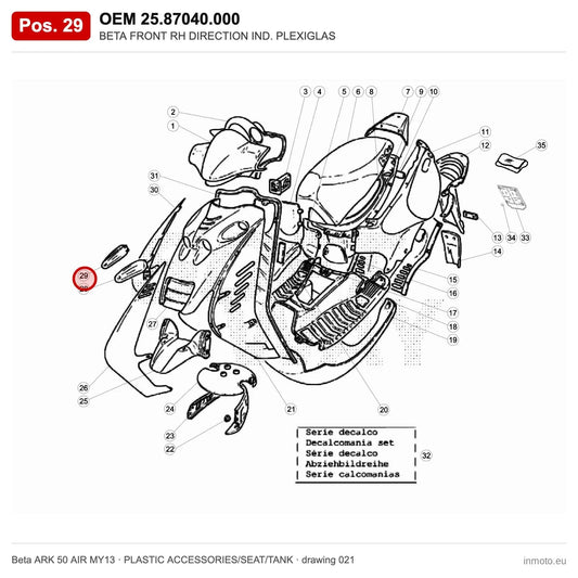BETA FRONT RH DIRECTION IND. PLEXIGLAS – OEM 25.87040.000, position 29 on the Beta ARK 50 AIR MY13 plastic accessories/seat/tank drawing