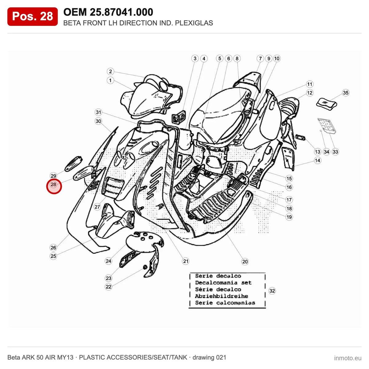 BETA FRONT LH DIRECTION IND. PLEXIGLAS – OEM 25.87041.000, position 28 on the Beta ARK 50 AIR MY13 plastic accessories/seat/tank drawing