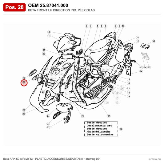 BETA FRONT LH DIRECTION IND. PLEXIGLAS – OEM 25.87041.000, position 28 on the Beta ARK 50 AIR MY13 plastic accessories/seat/tank drawing