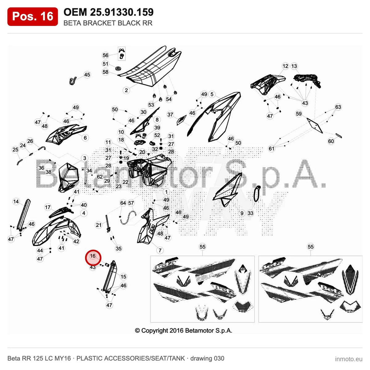 BETA BRACKET BLACK RR – OEM 25.91330.159, position 16 on the Beta RR 125 LC MY16 plastic accessories/seat/tank drawing
