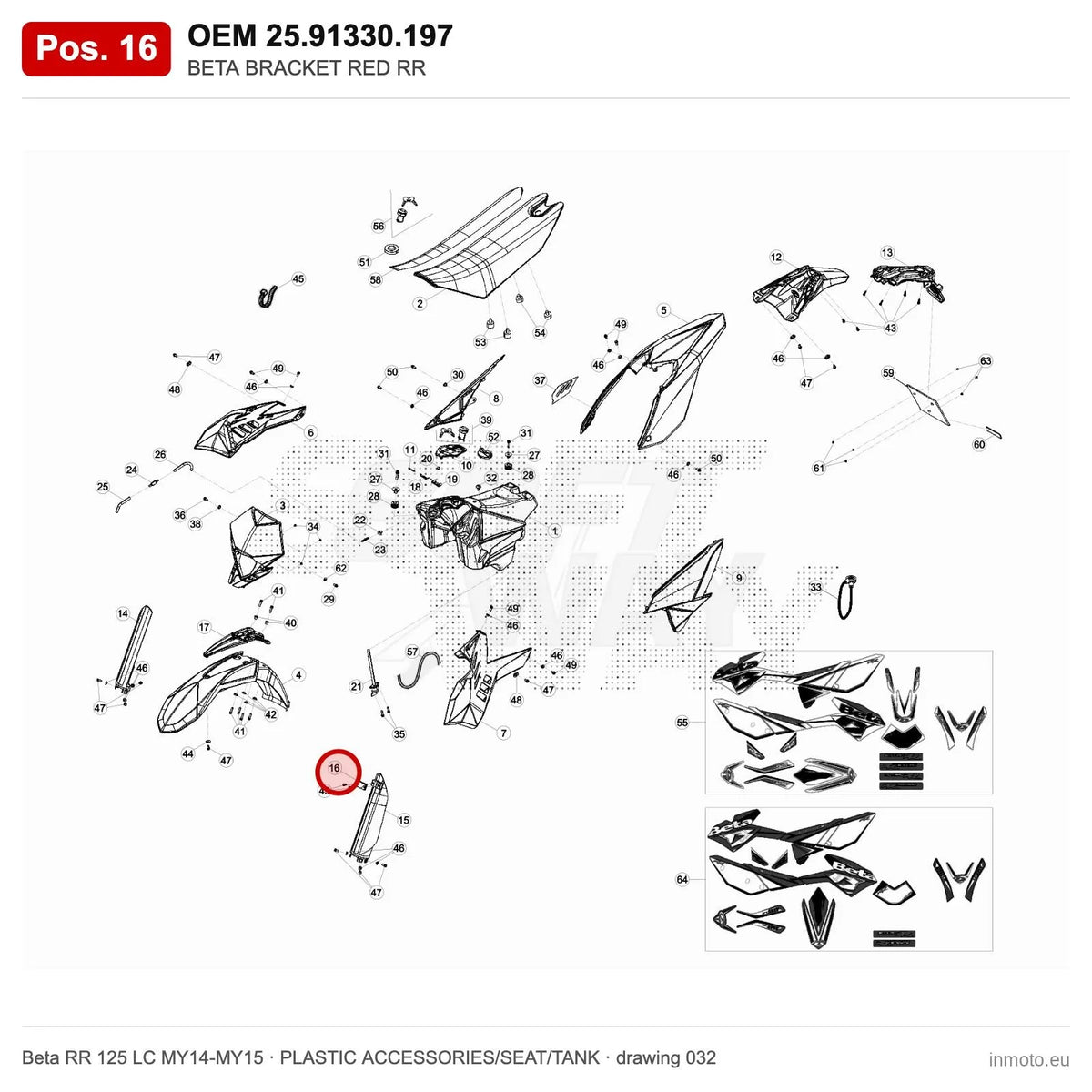 BETA BRACKET RED RR – OEM 25.91330.197, position 16 on the Beta RR 125 LC MY14-MY15 plastic accessories/seat/tank drawing
