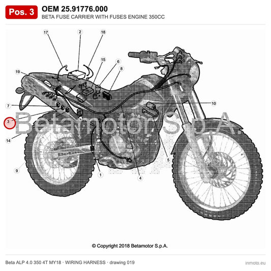 BETA FUSE CARRIER WITH FUSES ENGINE 350CC – OEM 25.91776.000, position 3 on the Beta ALP 4.0 350 4T MY18 wiring harness drawing