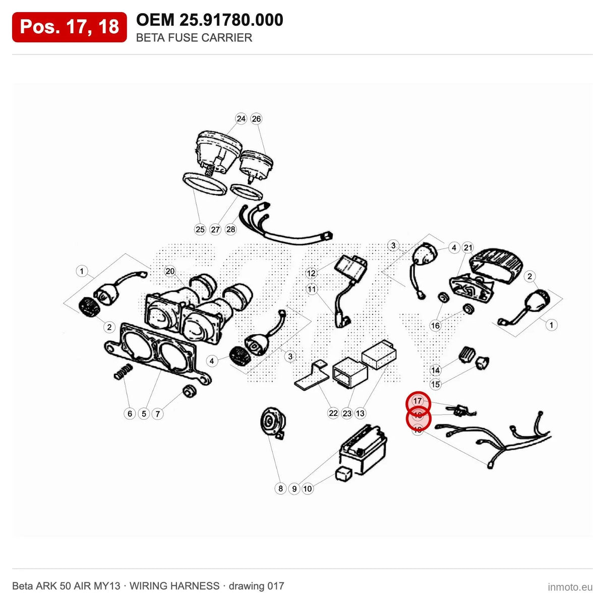 BETA FUSE CARRIER – OEM 25.91780.000, positions 17,18 on the Beta ARK 50 AIR MY13 wiring harness drawing