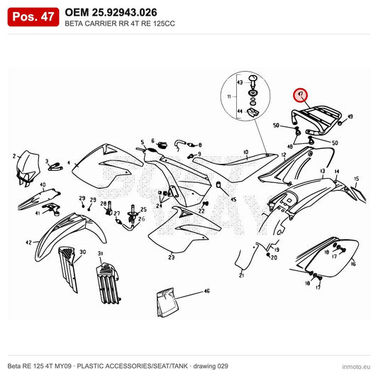 BETA CARRIER RR 4T RE 125CC – OEM 25.92943.026, position 47 on the Beta RE 125 4T MY09 plastic accessories/seat/tank drawing