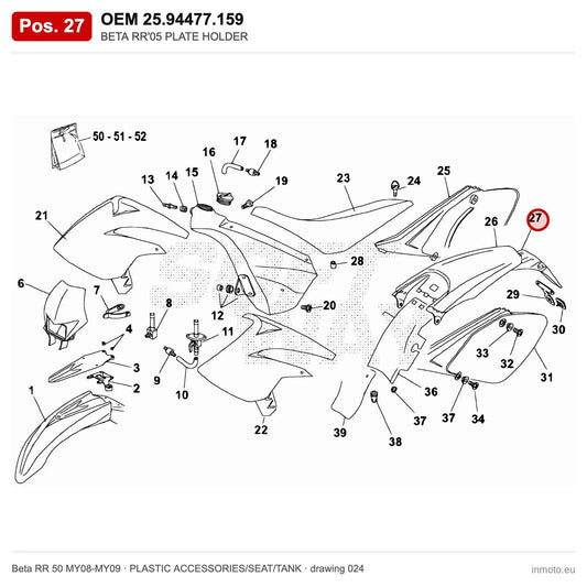 BETA RR'05 PLATE HOLDER – OEM 25.94477.159, position 27 on the Beta RR 50 MY08-MY09 plastic accessories/seat/tank drawing