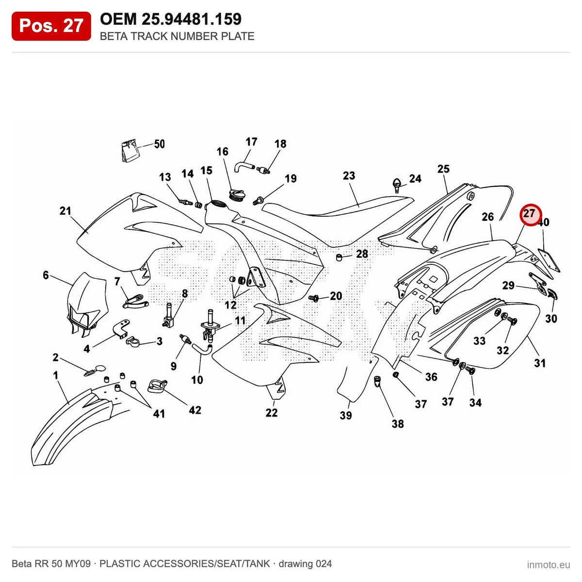 BETA TRACK NUMBER PLATE – OEM 25.94481.159, position 27 on the Beta RR 50 MY09 plastic accessories/seat/tank drawing