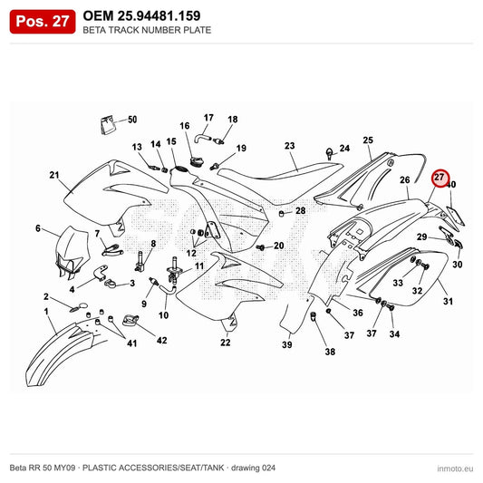 BETA TRACK NUMBER PLATE – OEM 25.94481.159, position 27 on the Beta RR 50 MY09 plastic accessories/seat/tank drawing