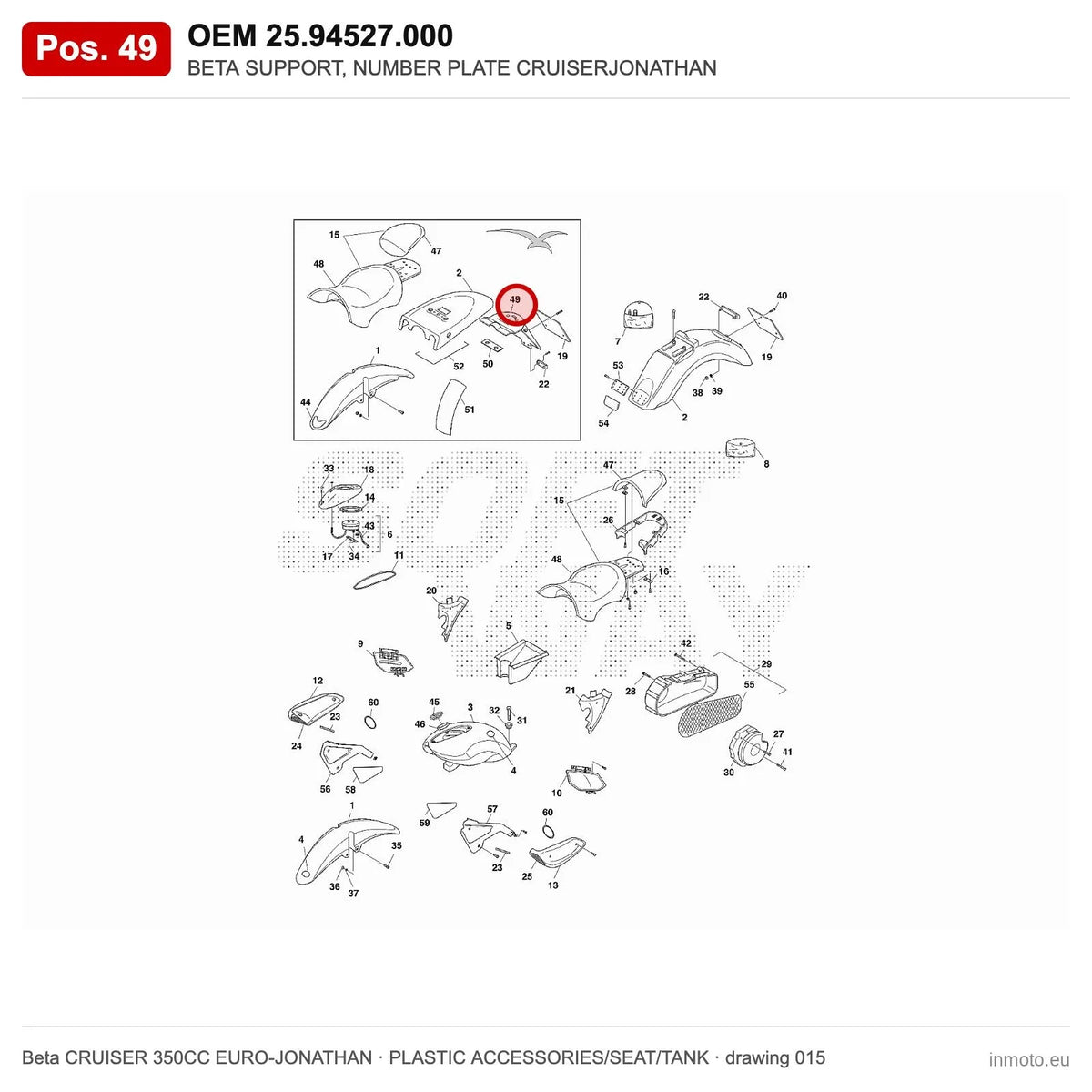 BETA SUPPORT, NUMBER PLATE CRUISERJONATHAN – OEM 25.94527.000, position 49 on the Beta CRUISER 350CC EURO-JONATHAN plastic accessories/seat/tank drawing