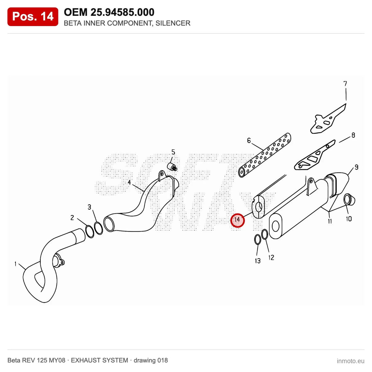 BETA INNER COMPONENT, SILENCER – OEM 25.94585.000, position 14 on the Beta REV 125 MY08 exhaust system drawing