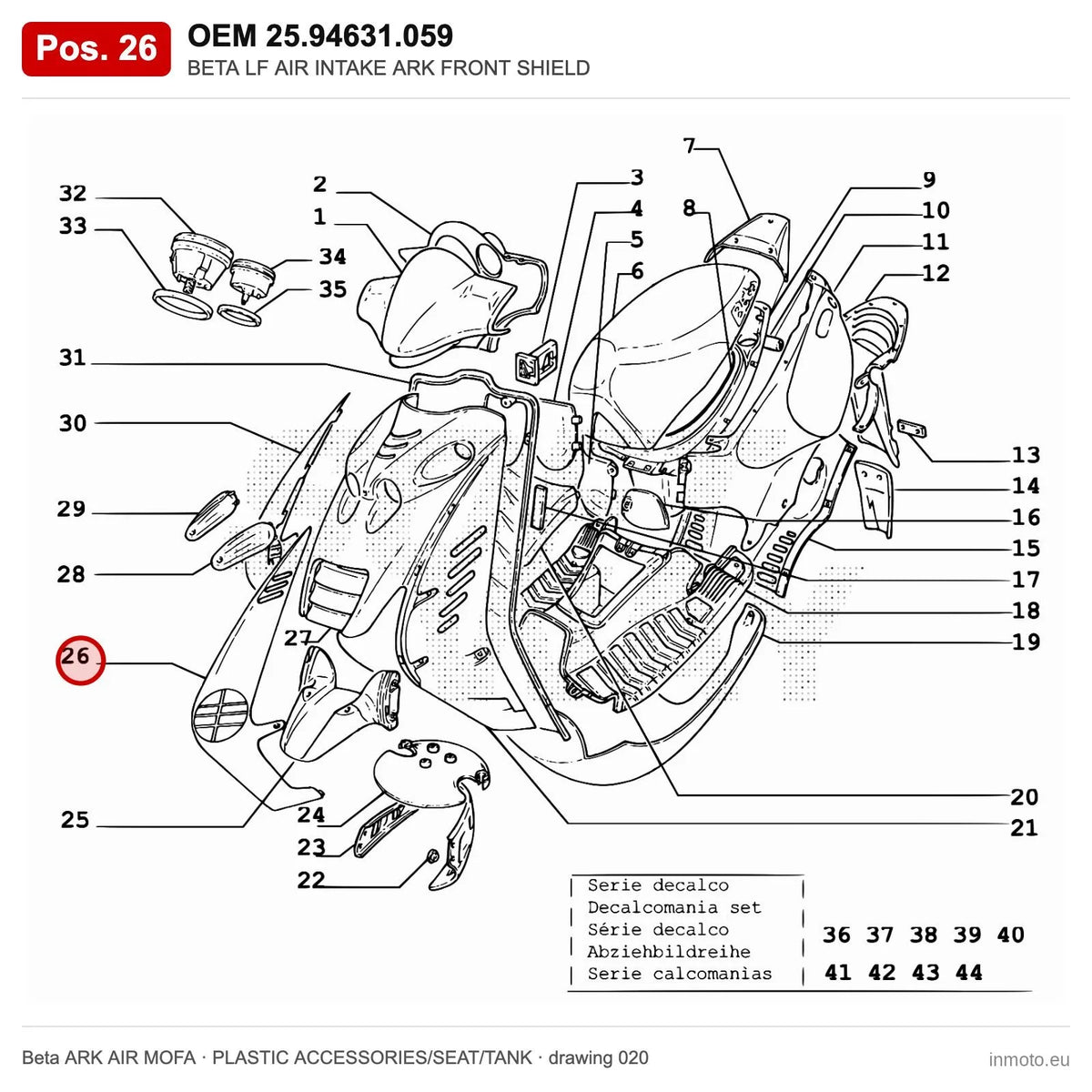 BETA LF AIR INTAKE ARK FRONT SHIELD – OEM 25.94631.059, position 26 on the Beta ARK AIR MOFA plastic accessories/seat/tank drawing