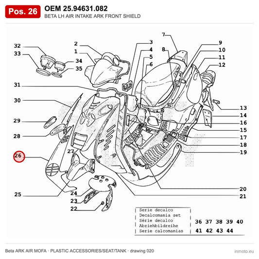 BETA LH AIR INTAKE ARK FRONT SHIELD – OEM 25.94631.082, position 26 on the Beta ARK AIR MOFA plastic accessories/seat/tank drawing