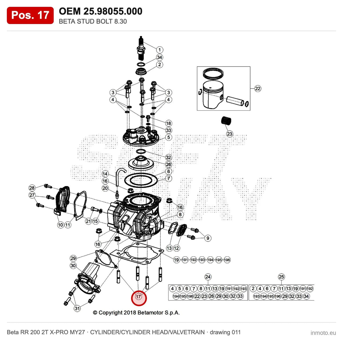 BETA STUD BOLT 8.30 – OEM 25.98055.000, position 17 on the Beta RR 200 2T X-PRO MY27 cylinder/cylinder head/valvetrain drawing
