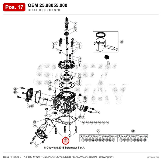 BETA STUD BOLT 8.30 – OEM 25.98055.000, position 17 on the Beta RR 200 2T X-PRO MY27 cylinder/cylinder head/valvetrain drawing
