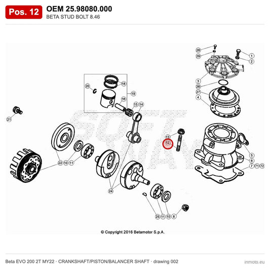 BETA STUD BOLT 8.46 – OEM 25.98080.000, position 12 on the Beta EVO 200 2T MY22 crankshaft/piston/balancer shaft drawing