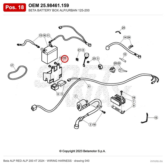 BETA BATTERY BOX ALP/URBAN 125-200 – OEM 25.98461.159, position 18 on the Beta ALP RED ALP 200 4T 2024 wiring harness drawing