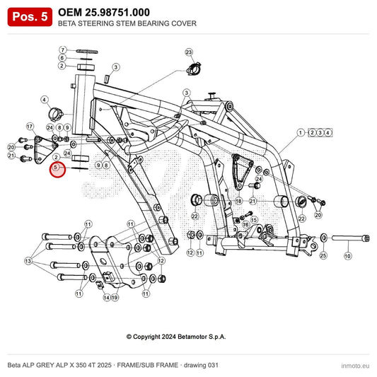 BETA STEERING STEM BEARING COVER – OEM 25.98751.000, position 5 on the Beta ALP GREY ALP X 350 4T 2025 frame/sub frame drawing