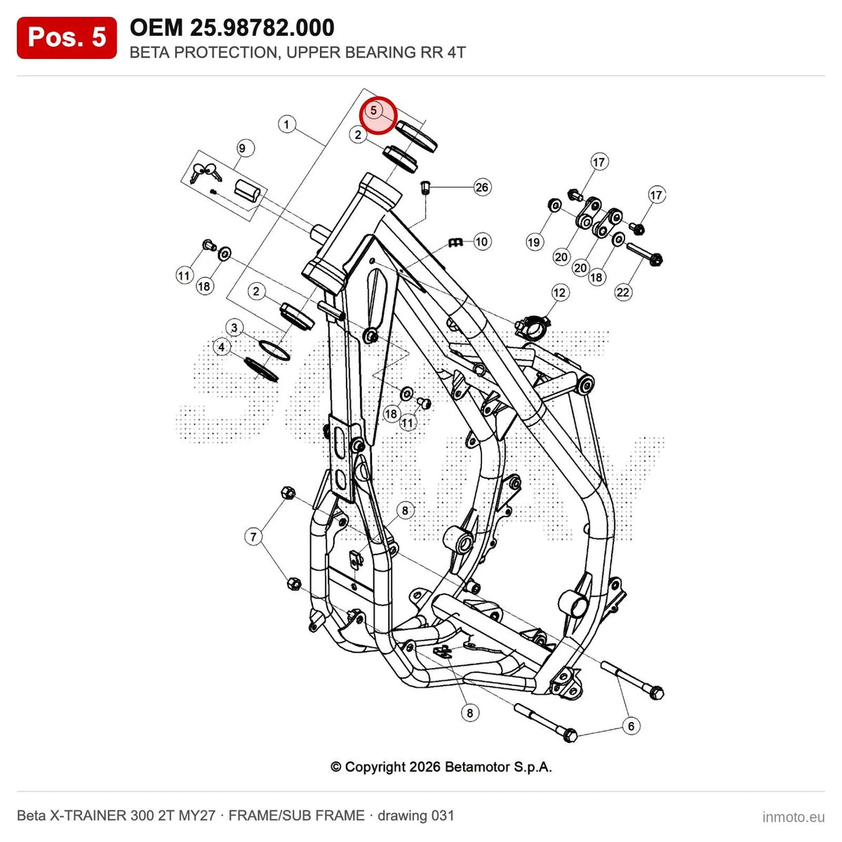 BETA PROTECTION, UPPER BEARING RR 4T – OEM 25.98782.000, position 5 on the Beta X-TRAINER 300 2T MY27 frame/sub frame drawing