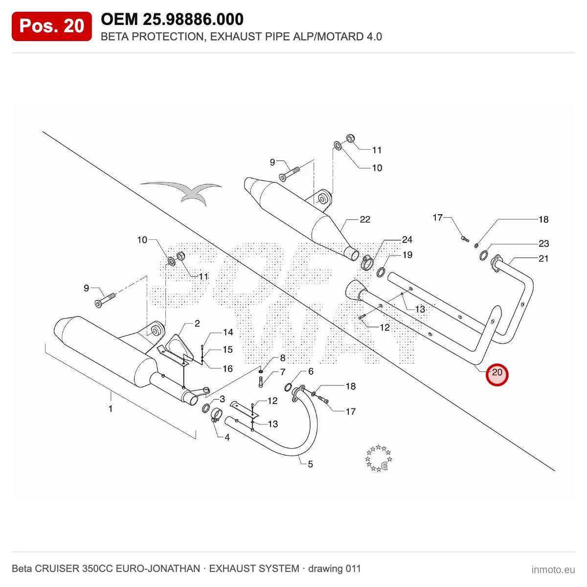 BETA PROTECTION, EXHAUST PIPE ALP/MOTARD 4.0 – OEM 25.98886.000, position 20 on the Beta CRUISER 350CC EURO-JONATHAN exhaust system drawing