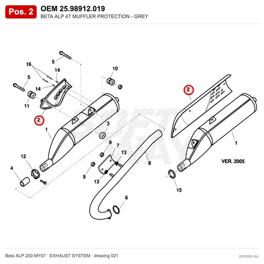 BETA ALP 4T MUFFLER PROTECTION - GREY – OEM 25.98912.019, position 2 on the Beta ALP 200 MY07 exhaust system drawing