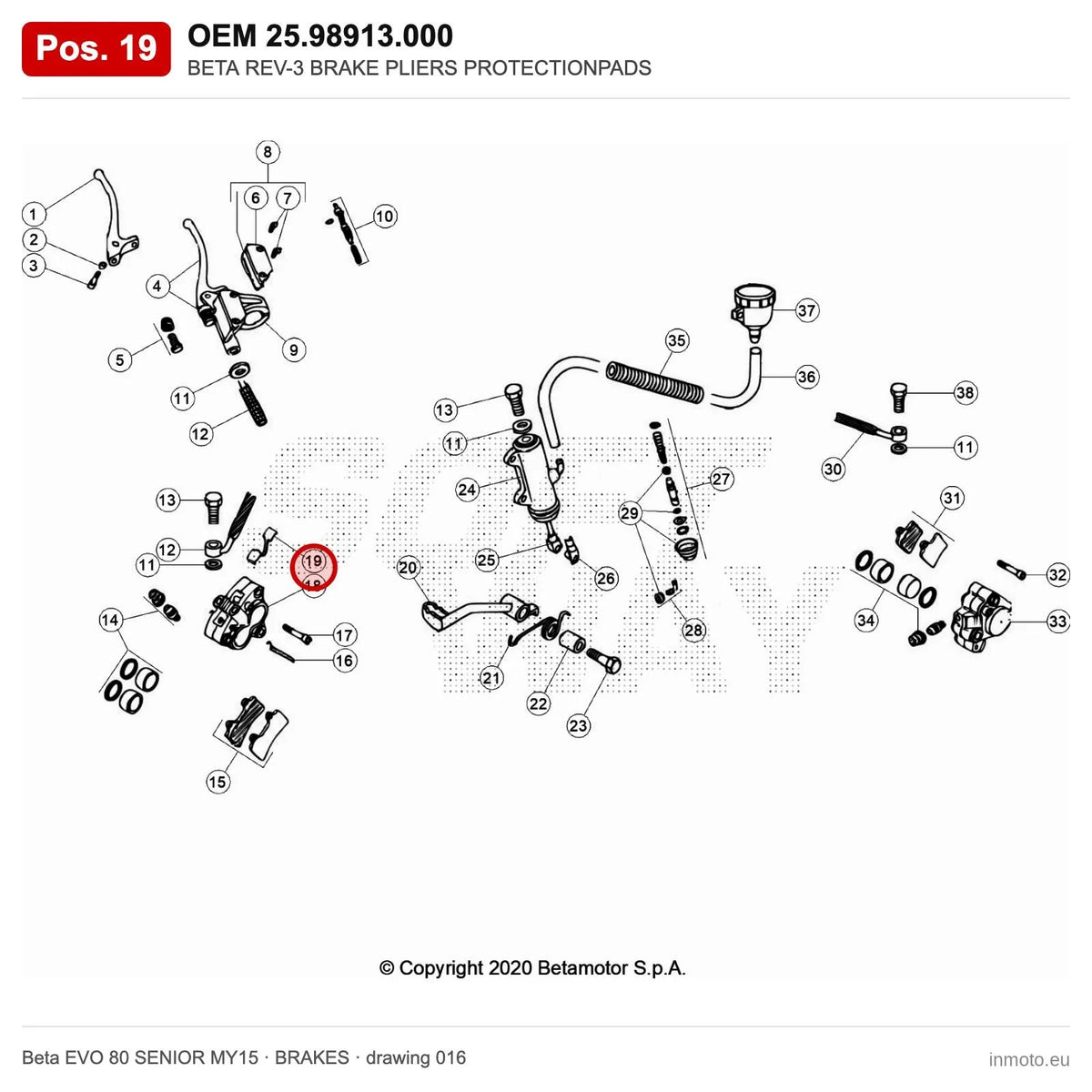 BETA REV-3 BRAKE PLIERS PROTECTIONPADS – OEM 25.98913.000, position 19 on the Beta EVO 80 SENIOR MY15 brakes drawing