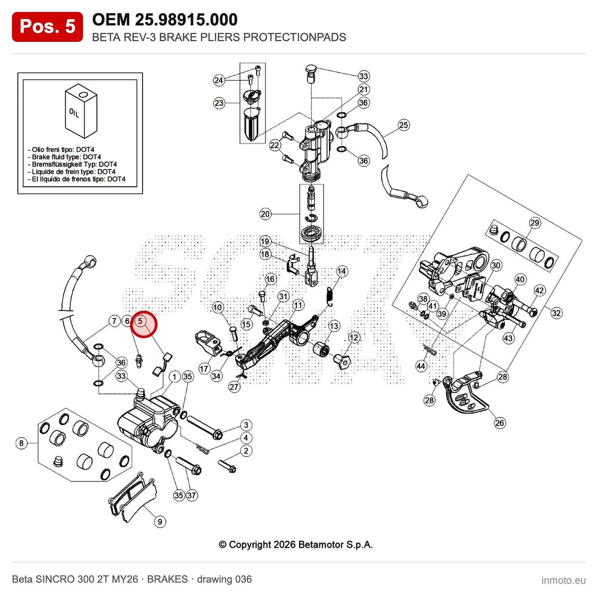 BETA REV-3 BRAKE PLIERS PROTECTIONPADS – OEM 25.98915.000, position 5 on the Beta SINCRO 300 2T MY26 brakes drawing