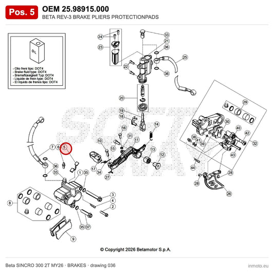 BETA REV-3 BRAKE PLIERS PROTECTIONPADS – OEM 25.98915.000, position 5 on the Beta SINCRO 300 2T MY26 brakes drawing