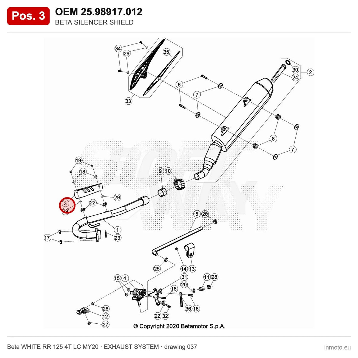 BETA SILENCER SHIELD – OEM 25.98917.012, position 3 on the Beta WHITE RR 125 4T LC MY20 exhaust system drawing