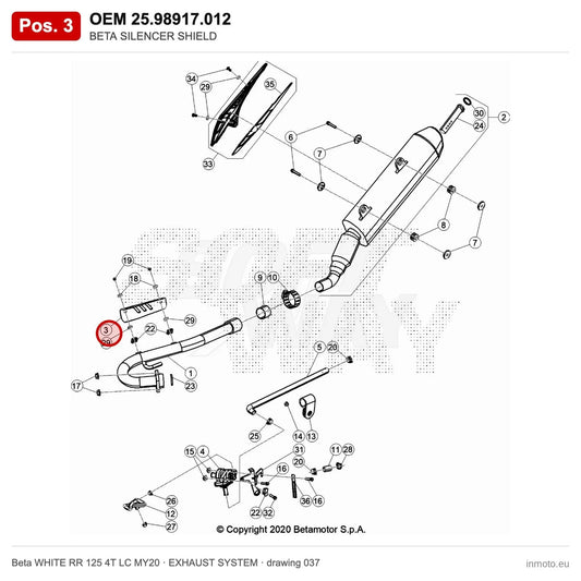 BETA SILENCER SHIELD – OEM 25.98917.012, position 3 on the Beta WHITE RR 125 4T LC MY20 exhaust system drawing