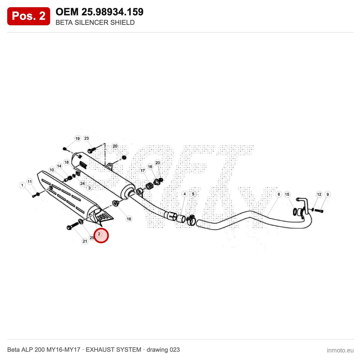 BETA SILENCER SHIELD – OEM 25.98934.159, position 2 on the Beta ALP 200 MY16-MY17 exhaust system drawing