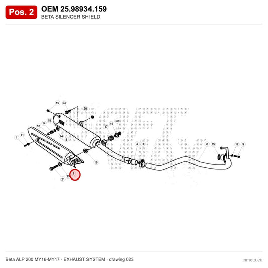 BETA SILENCER SHIELD – OEM 25.98934.159, position 2 on the Beta ALP 200 MY16-MY17 exhaust system drawing