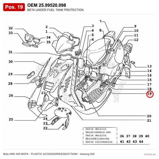 BETA UNDER FUEL TANK PROTECTION – OEM 25.99520.098, position 19 on the Beta ARK AIR MOFA plastic accessories/seat/tank drawing