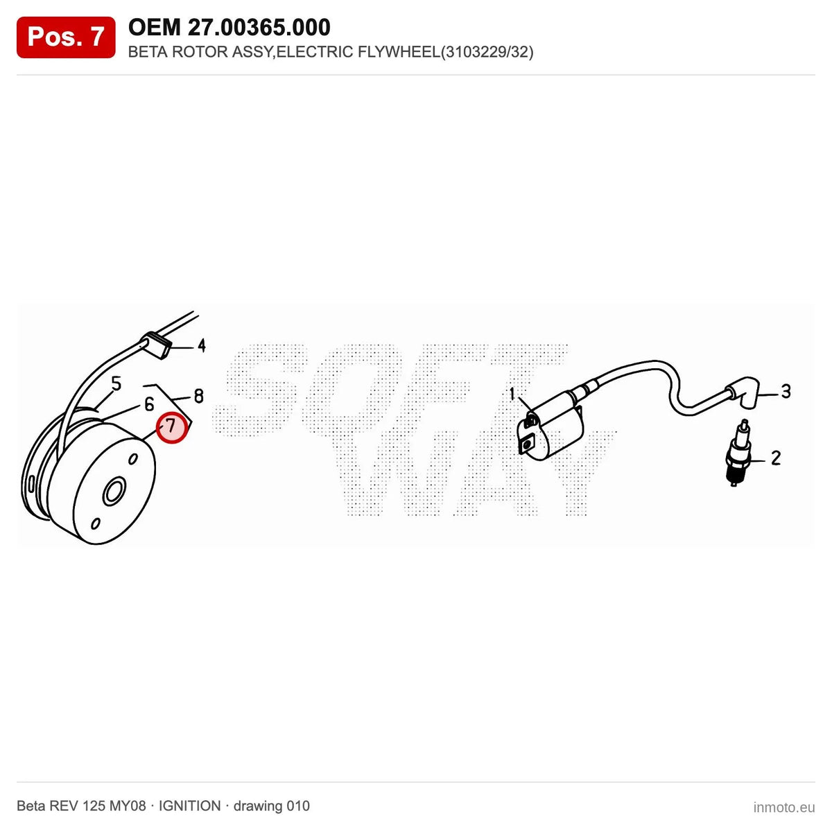 BETA ROTOR ASSY,ELECTRIC FLYWHEEL(3103229/32) – OEM 27.00365.000, position 7 on the Beta REV 125 MY08 ignition drawing