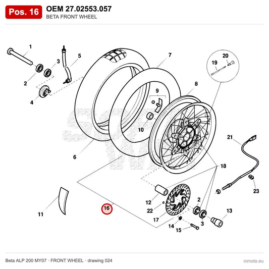 BETA FRONT WHEEL – OEM 27.02553.057, position 16 on the Beta ALP 200 MY07 front wheel drawing