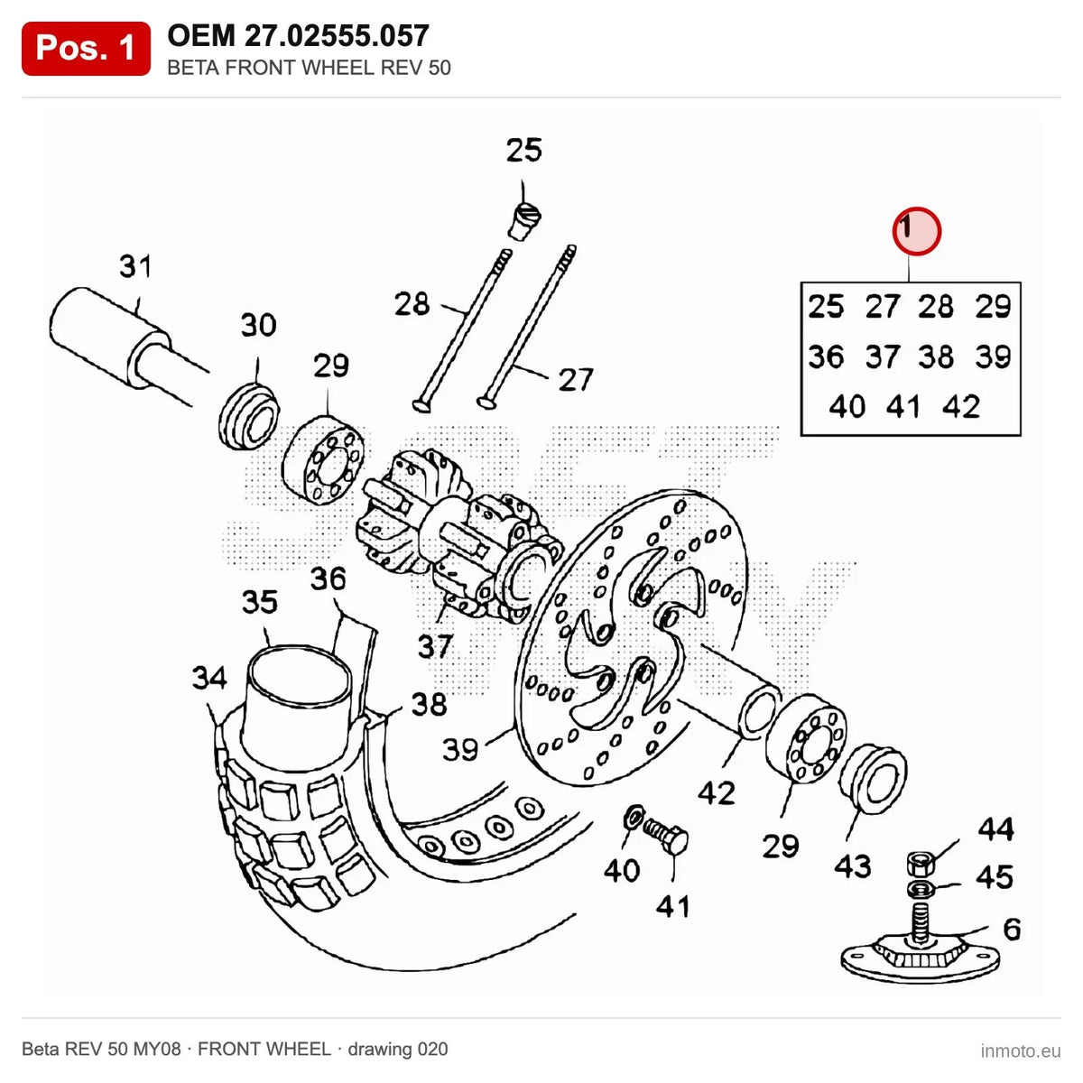 BETA FRONT WHEEL REV 50 – OEM 27.02555.057, position 1 on the Beta REV 50 MY08 front wheel drawing