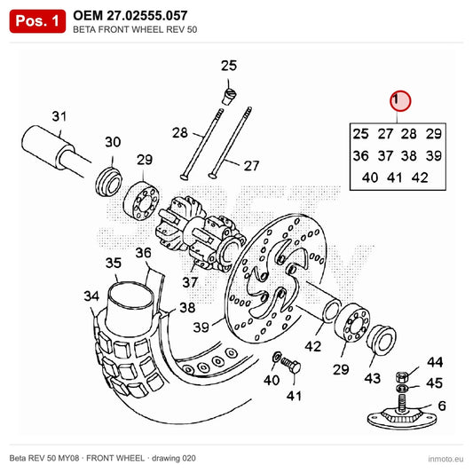 BETA FRONT WHEEL REV 50 – OEM 27.02555.057, position 1 on the Beta REV 50 MY08 front wheel drawing