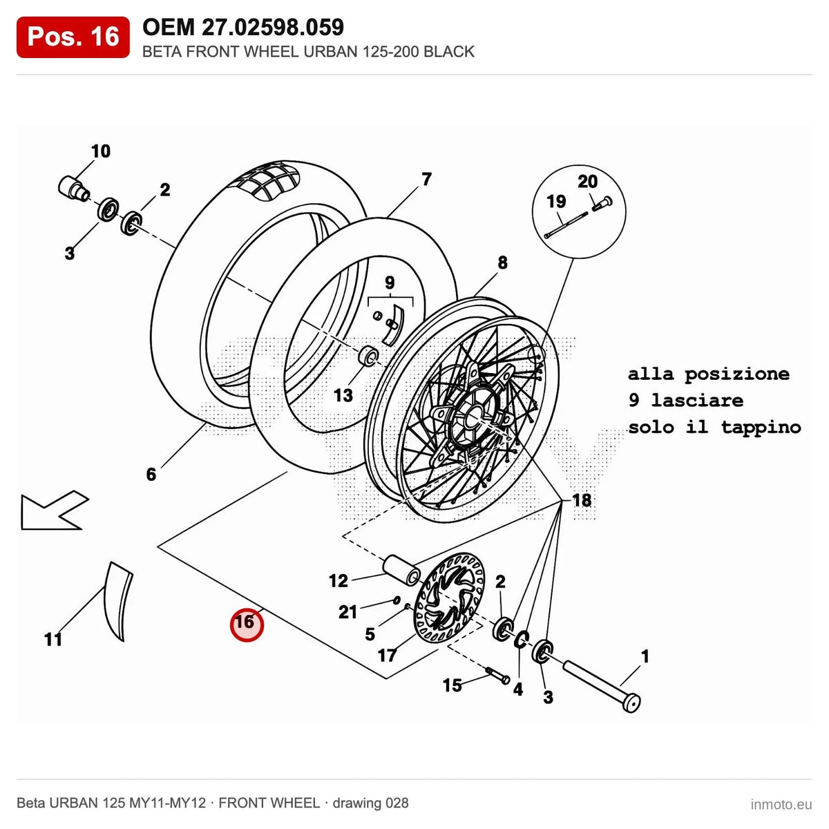BETA FRONT WHEEL URBAN 125-200 BLACK – OEM 27.02598.059, position 16 on the Beta URBAN 125 MY11-MY12 front wheel drawing