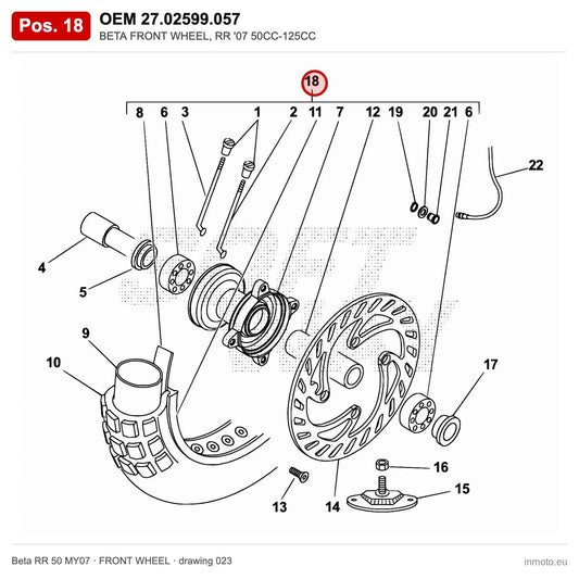 BETA FRONT WHEEL, RR '07 50CC-125CC – OEM 27.02599.057, position 18 on the Beta RR 50 MY07 front wheel drawing