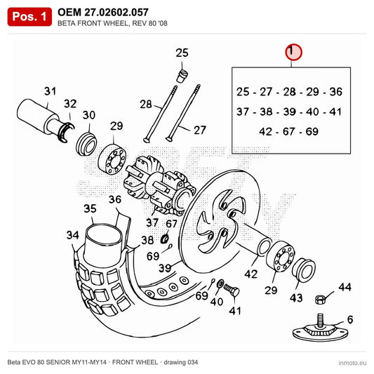 BETA FRONT WHEEL, REV 80 '08 – OEM 27.02602.057, position 1 on the Beta EVO 80 SENIOR MY11-MY14 front wheel drawing