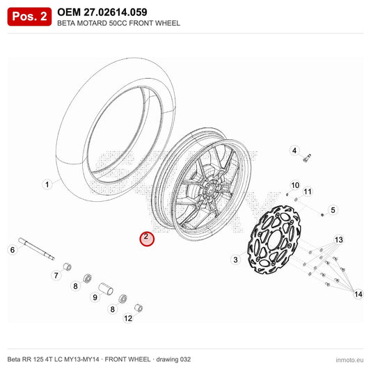 BETA MOTARD 50CC FRONT WHEEL – OEM 27.02614.059, position 2 on the Beta RR 125 4T LC MY13-MY14 front wheel drawing