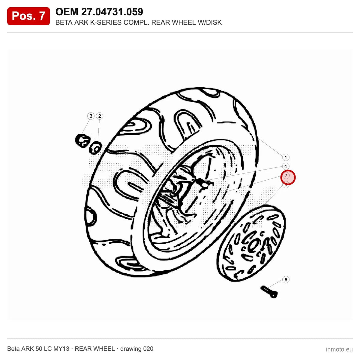 BETA ARK K-SERIES COMPL. REAR WHEEL W/DISK – OEM 27.04731.059, position 7 on the Beta ARK 50 LC MY13 rear wheel drawing