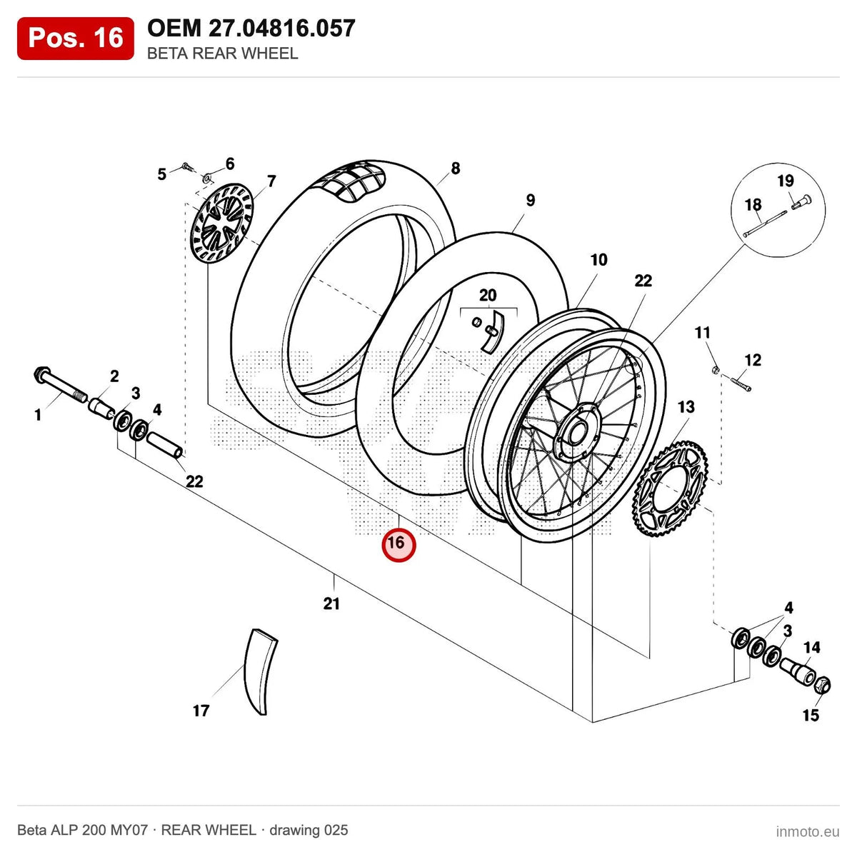 BETA REAR WHEEL – OEM 27.04816.057, position 16 on the Beta ALP 200 MY07 rear wheel drawing