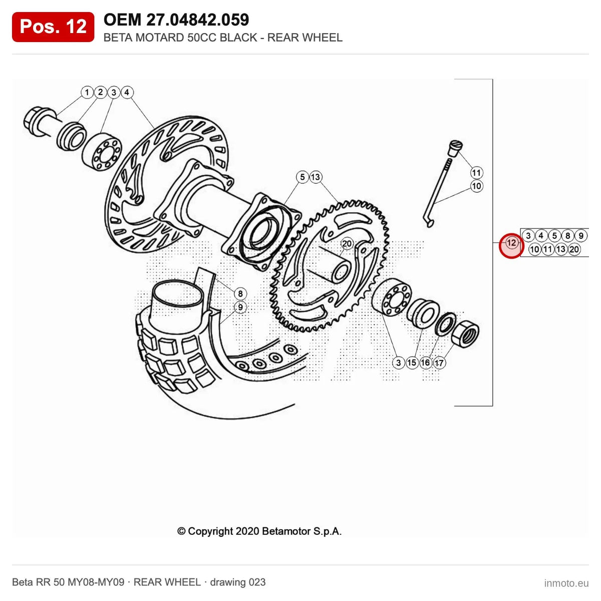 BETA MOTARD 50CC BLACK - REAR WHEEL – OEM 27.04842.059, position 12 on the Beta RR 50 MY08-MY09 rear wheel drawing