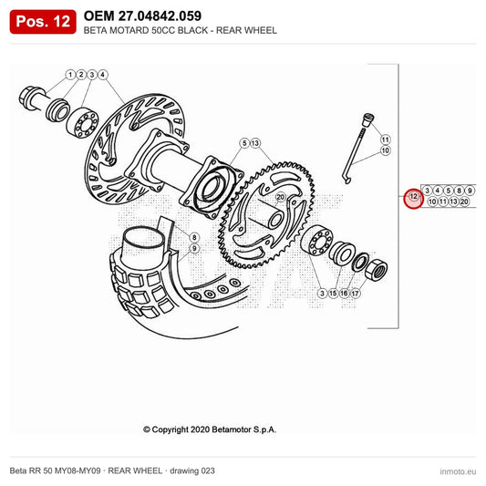 BETA MOTARD 50CC BLACK - REAR WHEEL – OEM 27.04842.059, position 12 on the Beta RR 50 MY08-MY09 rear wheel drawing