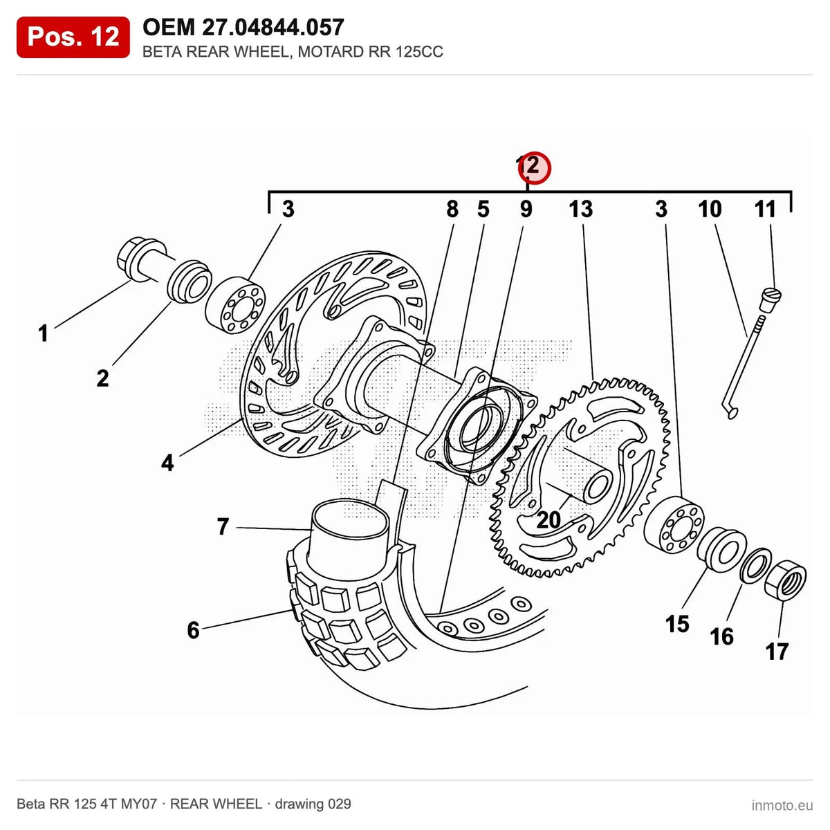 BETA REAR WHEEL, MOTARD RR 125CC – OEM 27.04844.057, position 12 on the Beta RR 125 4T MY07 rear wheel drawing