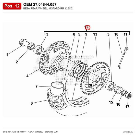 BETA REAR WHEEL, MOTARD RR 125CC – OEM 27.04844.057, position 12 on the Beta RR 125 4T MY07 rear wheel drawing