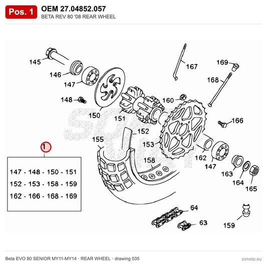 BETA REV 80 '08 REAR WHEEL – OEM 27.04852.057, position 1 on the Beta EVO 80 SENIOR MY11-MY14 rear wheel drawing