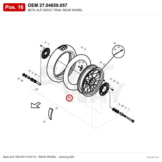 BETA ALP 200CC TRIAL REAR WHEEL – OEM 27.04859.057, position 16 on the Beta ALP 200 MY14-MY15 rear wheel drawing